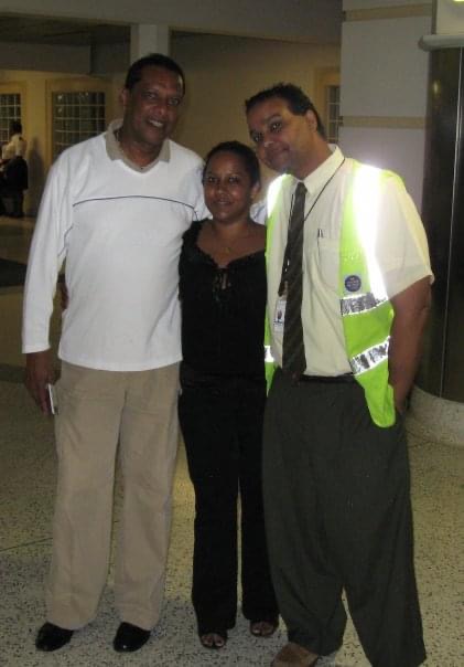 Maria with her husband Ken and her brother Nicky at Grantley Adams International Airport in Barbados